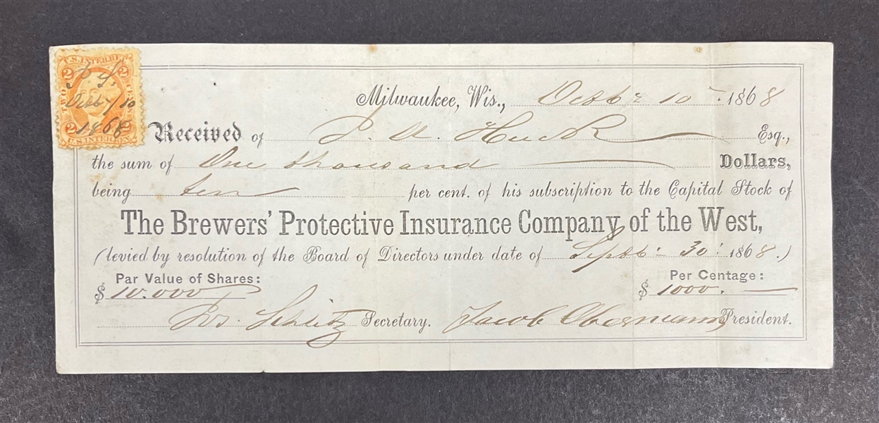 Joseph Schlitz & Jacob Obermann Signed 1868 Check w/ Beckett LOA