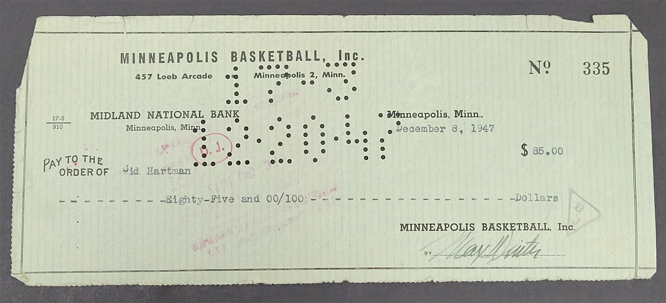 Max Winter & Sid Hartman Signed Minneapolis Lakers Check From 1947 Beckett