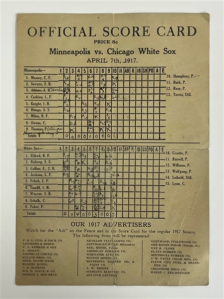 1917 Minneapolis vs. Chicago White Sox Official Score Card w/ Shoeless Joe Jackson