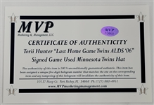 Torii Hunter 2006 ALDS Minnesota Twins Game Used & Autographed Hat w/ MVP COA