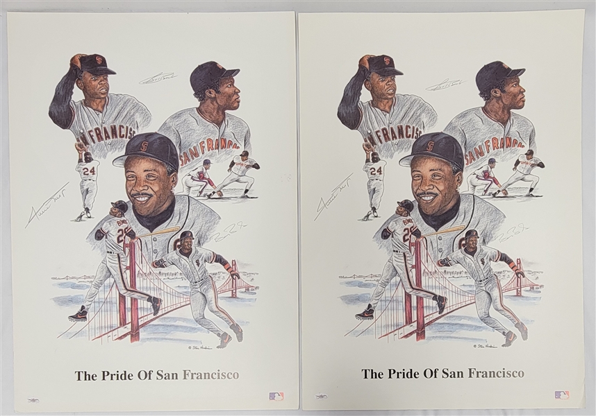 Lot of 2 Willie Mays, Barry Bonds, & Bobby Bonds Autographed Giants 22x28 Lithographs JSA