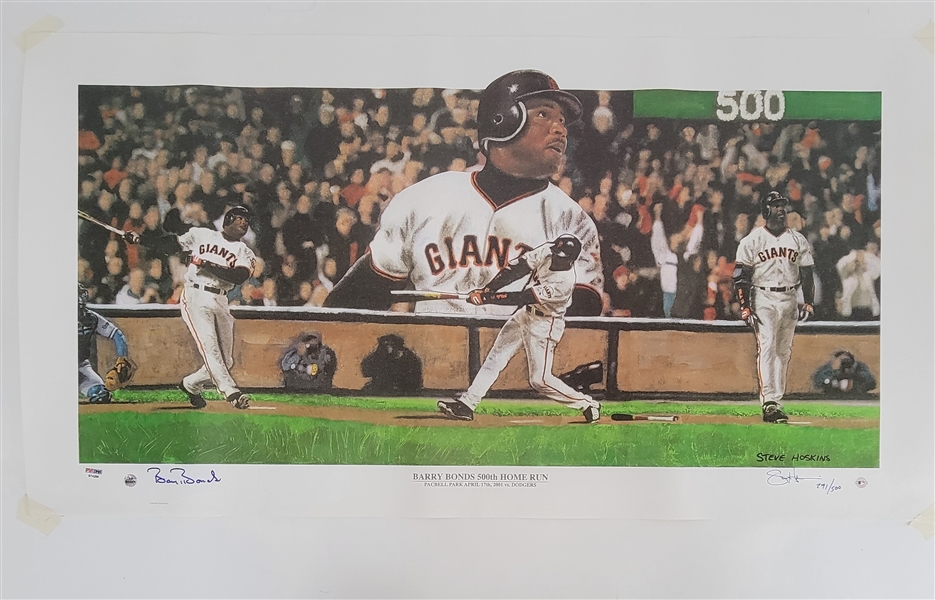 Barry Bonds Autographed Steve Hoskins 500th HR Canvas Lithograph LE #291/500 35x18 PSA/DNA