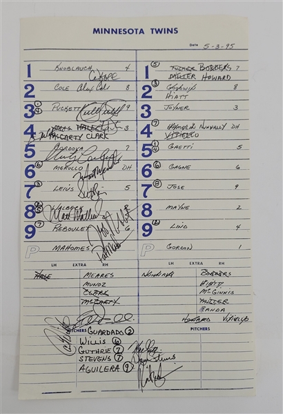 Minnesota Twins 1995 Game Used & Autographed Lineup Card w/ Puckett Beckett LOA