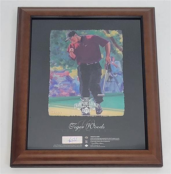 Tiger Woods Autographed Upper Deck Champions Lounge Print in Style of Upper Deck Rookie Card