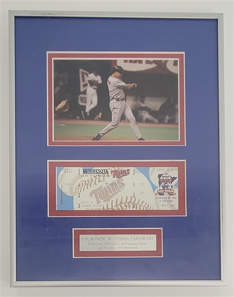 Cal Ripken Jr. 3,000th Hit Ticket Framed Display - April 15, 2000 - Owned by Bert Blyleven- w/Blyleven Signed Letter of Provenance