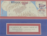 Cal Ripken Jr. 3,000th Hit Ticket Framed Display - April 15, 2000 - Owned by Bert Blyleven- w/Blyleven Signed Letter of Provenance