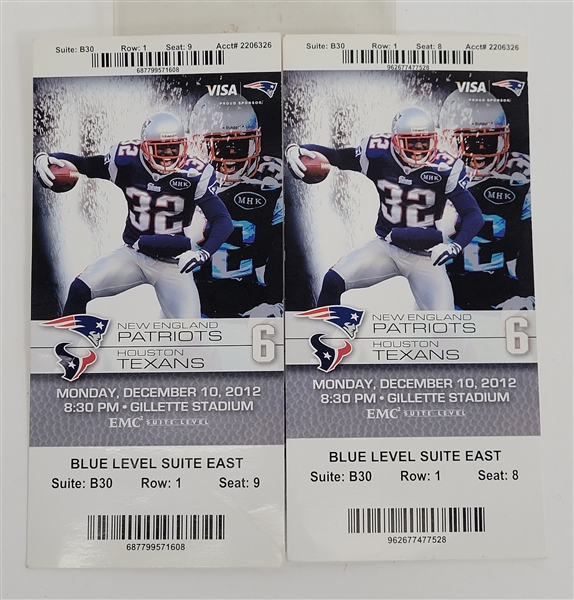 Lot of 2 Patriots vs. Texans 2012 Suite Tickets