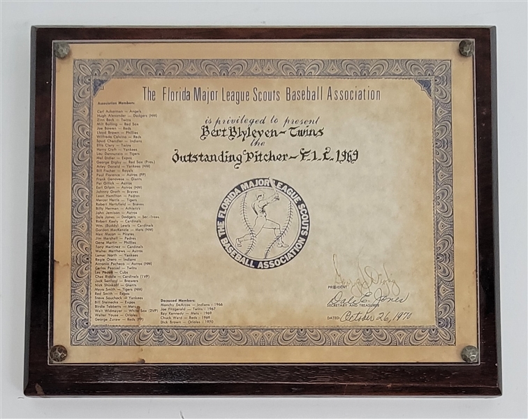 Bert Blyleven 1969 Florida Major League Scouts Baseball Association Award for Outstanding Pitcher w/Blyleven Signed Letter of Provenance