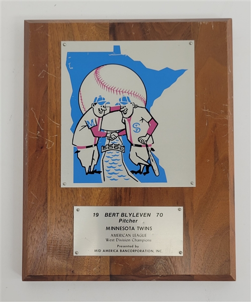 Bert Blyleven 1970 Minnesota Twins Western Division Champions Award Plaque w/Blyleven Signed Letter of Provenance