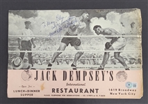 Jack Dempsey Autographed Restaurant Menu w/ Beckett LOA