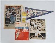 Minnesota Twins Vintage Collection w/ 1961 Cartoon Book, Pennant, Newspaper, & 1965 WS Press Pass