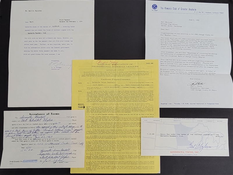 Bert Blyleven First Ever Professional Contract 1969 Sarasota Twins Original Players Contract and Other Letters w/Blyleven Signed Letter of Provenance