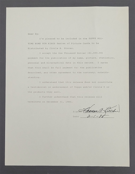 Harmon Killebrew Autographed 1985 Topps Circle K Card Contract