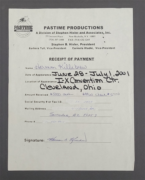 Harmon Killebrew Pastime Productions Autographed Receipt of Payment