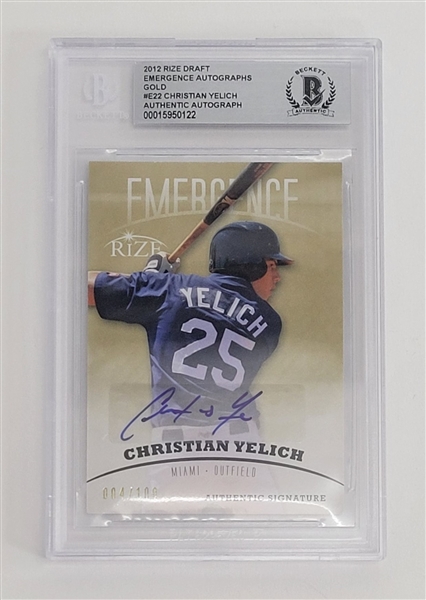 Christian Yelich Autographed 2012 Rize Draft Emergence Gold LE #4/100 Baseball Card Slabbed Beckett