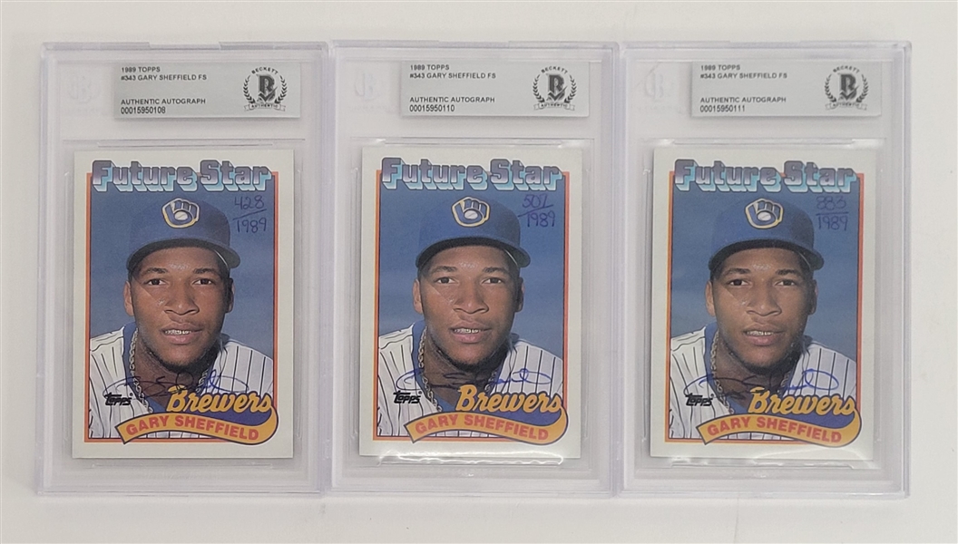 Lot of 3 Gary Sheffield Autographed 1989 Topps Milwaukee Brewers  LE /1989 Baseball Cards Slabbed Beckett