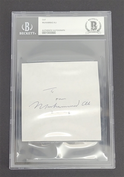 Muhammad Ali Autographed & Inscribed Boxing Cut 3.5 x 3.5 Slabbed Beckett