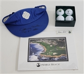 Pebble Beach 18th Hole Photo & Set of 4 Logo Golf Balls + Johnny Miller Autographed Visor Becket