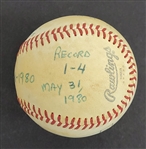 Bert Blyleven 1st Win of the 1980 Season His Last With Pittsburgh Pirates Game Used Complete Game Shutout Final Out Baseball w/Blyleven Signed Letter of Provenance