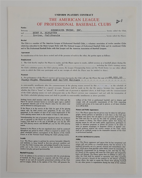 Bert Blyleven 1976 Minnesota Twins Original Players Contract w/Blyleven Signed Letter of Provenance
