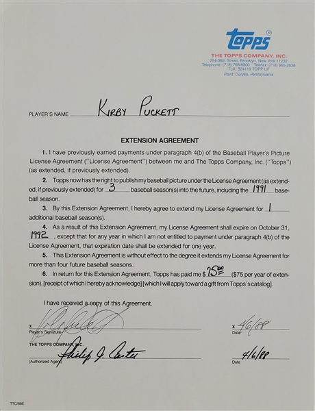 Kirby Puckett Signed 1988-1991 Topps Card Contract