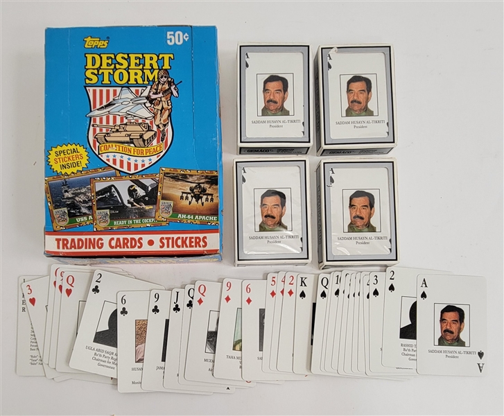 Lot of 5 Saddam Husayn Playing Card Sets & 1991 Topps Desert Storm Wax Box