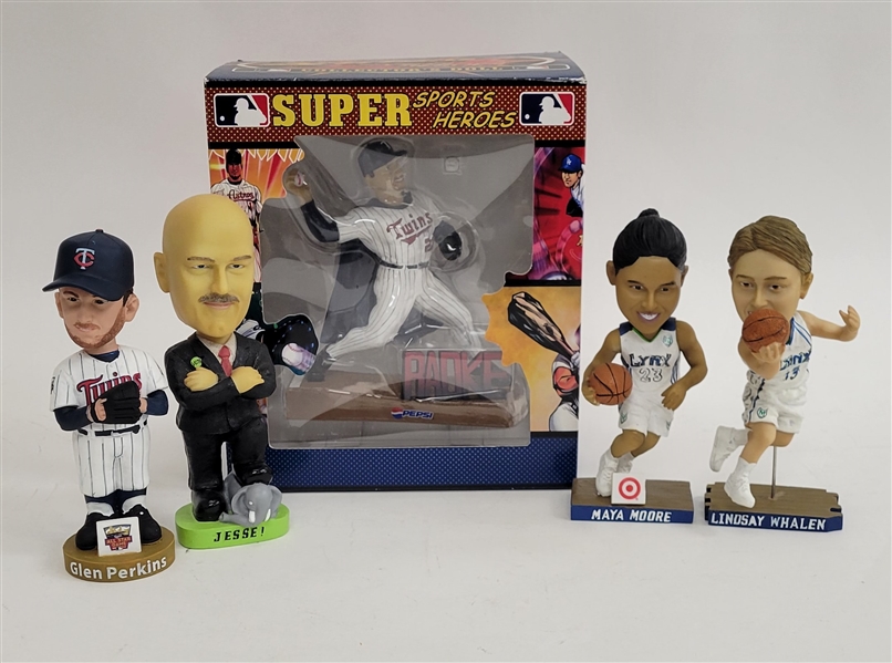 Lot of 5 Jesse Ventura, Glen Perkins, Maya Moore, Lindsey Whalen, & Brad Radke Bobbleheads and Super Sports Figure