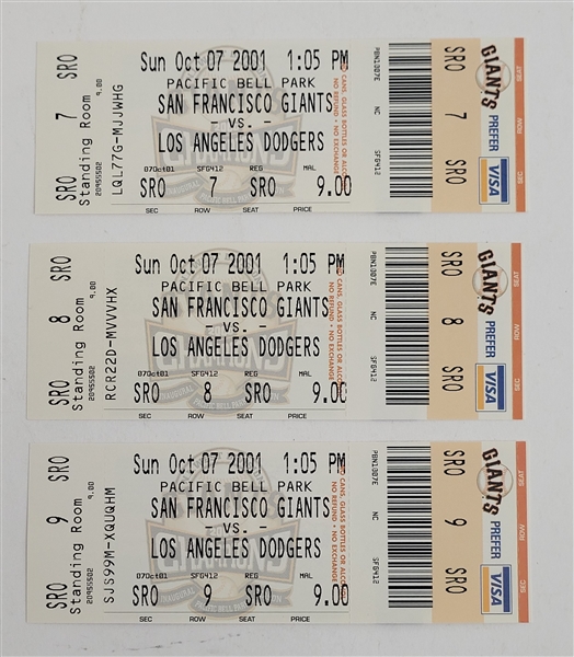 Lot of (3) 2001 Giants vs. Dodgers Barry Bonds 73rd Home Run Full Tickets