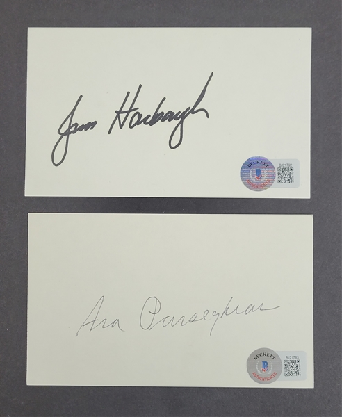 Lot of 2 Jim Harbaugh & Ara Parseghian Autographed Index Cards Beckett
