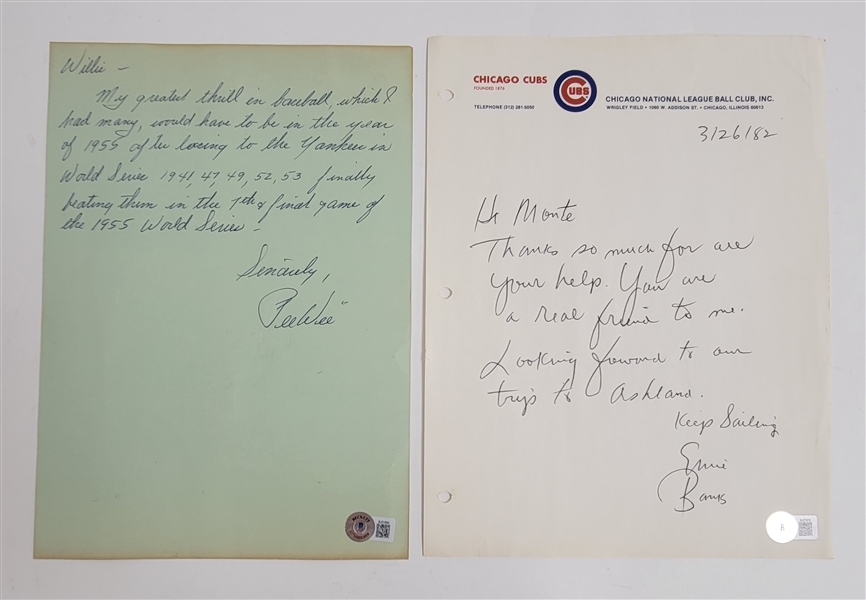 Lot of 2 Pee Wee Reese & Ernie Banks Signed Handwritten Letters Beckett