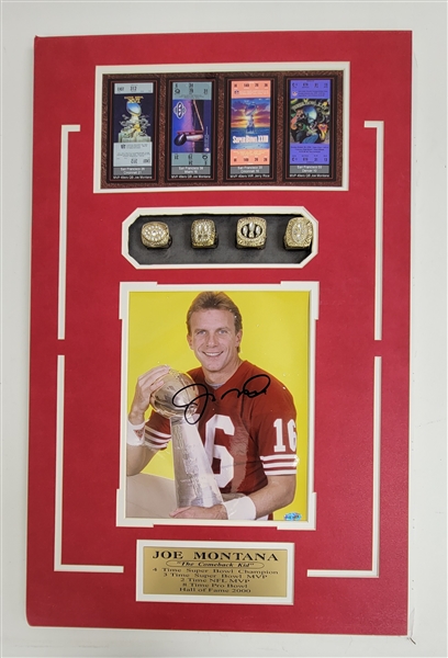 Joe Montana Autographed Matted 8x10 Photo Display w/ Replica Rings Beckett LOA