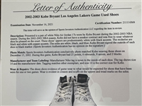 Kobe Bryant 2002-03 Los Angeles Lakers Game Used Shoes Photo Matched w/ Sports Investors Authentication *Only Known Photo Matched Air Jordan's*