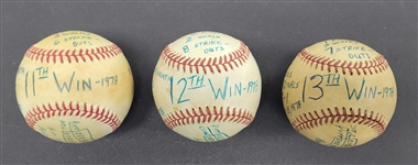 1978 Bert Blyleven Lot of (3) Wins Game Used Stat Baseballs Pittsburgh Pirates Wins 11, 12 and 13 w/Blyleven Signed Letter of Provenance 