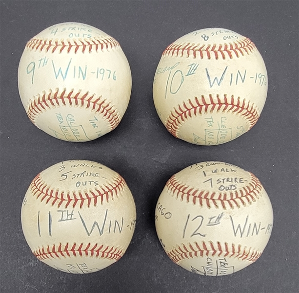 1976 Bert Blyleven Lot of (4) Wins 9th-12th Texas Rangers All Complete Game Final Out Used Stat Baseballs w/Blyleven Signed Letter of Provenance 