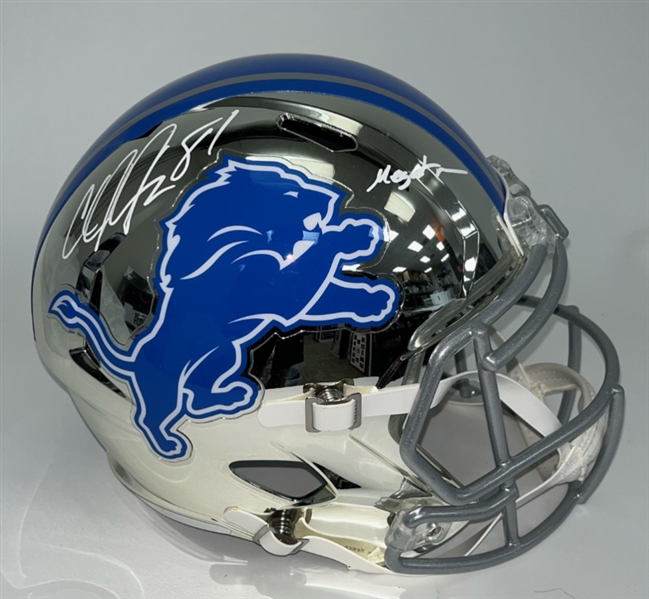 Calvin Johnson Autographed & Inscribed Detroit Lions Full Size Chrome Replica Helmet JSA