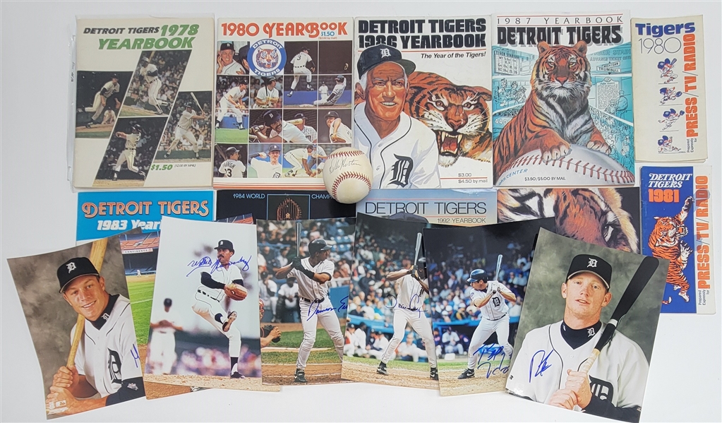Detroit Tigers Collection w/ Media Guides, Autographed Photos, & Baseball