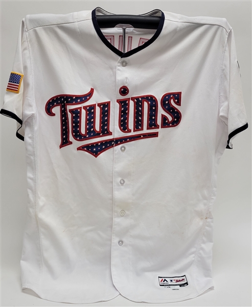 Joe Mauer 2017 Minnesota Twins Game Used 4th of July Jersey *Hit HR* MLB