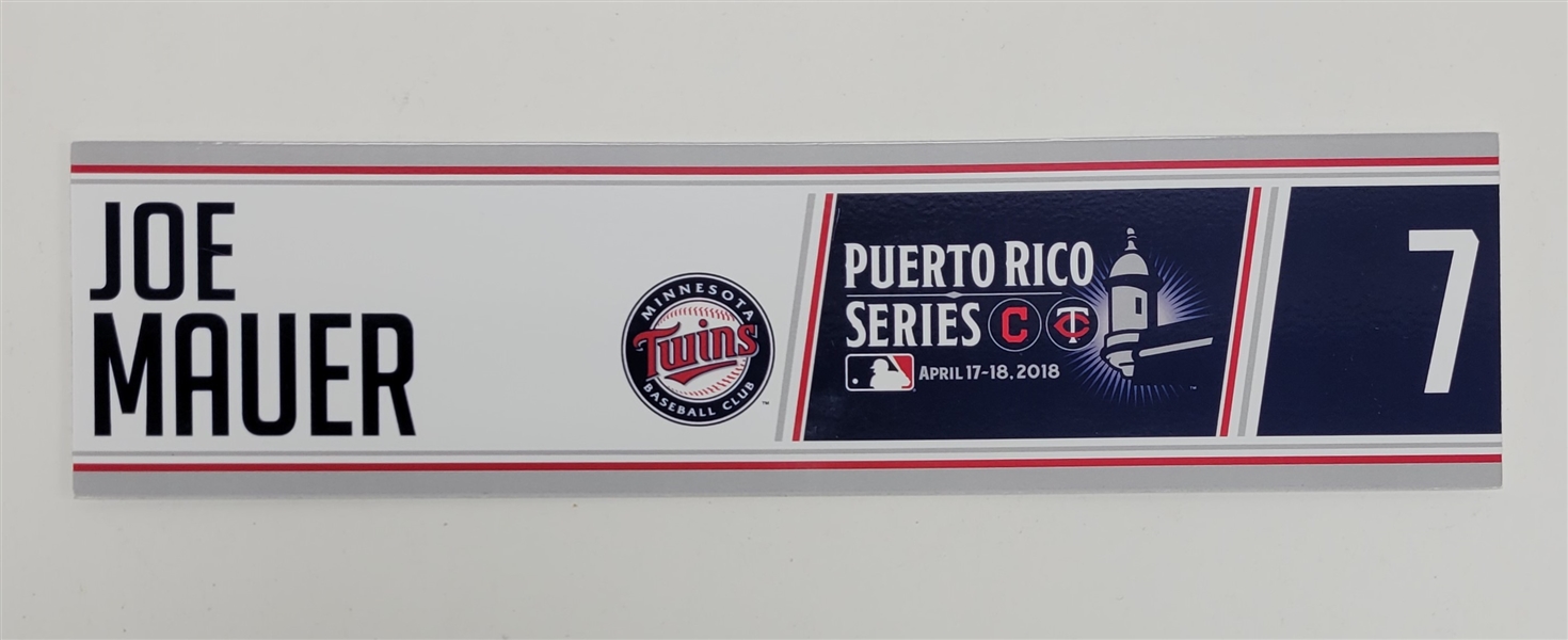 Joe Mauer 2018 Puerto Rico Series Game Used Locker Name Plate MLB