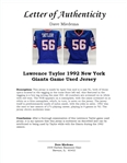 Lawrence Taylor 1992 New York Giants Game Used Jersey w/ Dave Miedema LOA