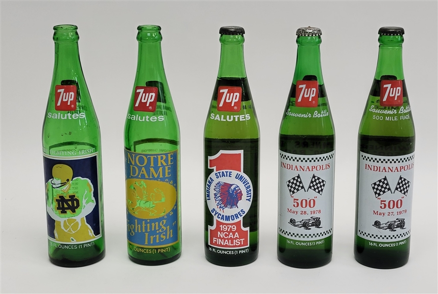 Lot of 5 Vintage Indiana Sports 7 Up Bottles *3 Full*