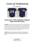 Derek Jeter 1994 Columbus Clippers Game Used BP Jersey w/ Dave Miedema LOA