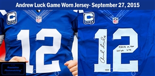 Andrew Luck 2015 Indianapolis Colts  Photomatched Game Used Autographed & Inscribed Jersey Worn During a 9/27/2015 Win vs. Titans Panini LOA & Original Box 