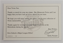 Kirby Puckett Autographed Minnesota Twins Postcard w/ Beckett LOA