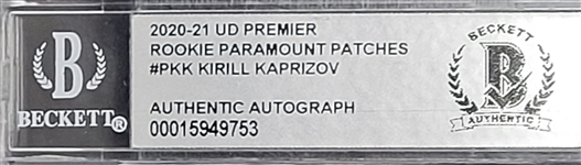Kirill Kaprizov Autographed & Inscribed 2020-21 Upper Deck Premier Rookie Paramount Patches Rookie Card LE #26/35 Beckett Slabbed