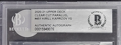Kirill Kaprizov Autographed & Inscribed 2020-21 Upper Deck Clear Cut Parallel #451 Young Guns Rookie Card Beckett Slabbed