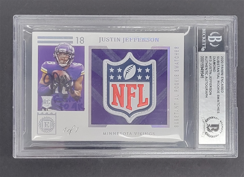Justin Jefferson Autographed & Inscribed 2020 Panini Encased Substantial Rookie Swatches Diamond #13 Rookie Card 1 of 1 Beckett Slabbed