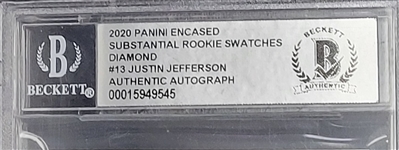 Justin Jefferson Autographed & Inscribed 2020 Panini Encased Substantial Rookie Swatches Diamond #13 Rookie Card 1 of 1 Beckett Slabbed