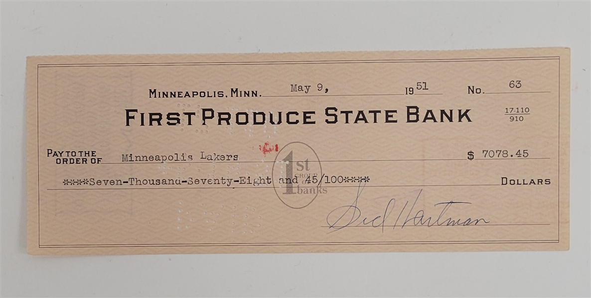 Sid Hartman Signed Check From 1951