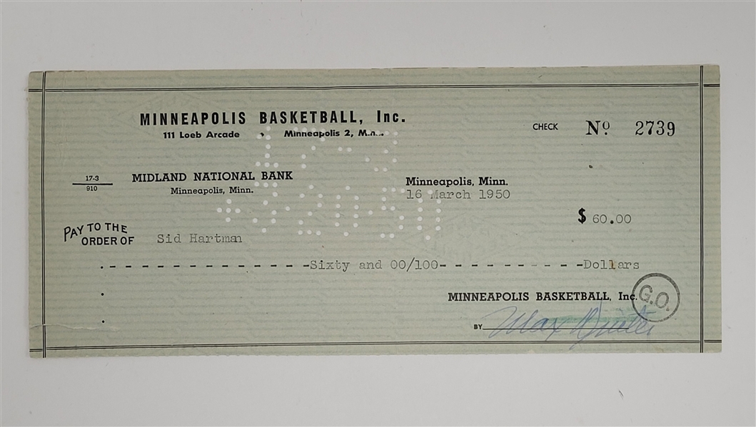 Max Winter & Sid Hartman Signed Minneapolis Lakers Check From 1950