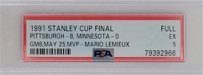 1991 Stanley Cup Final Pittsburgh vs. Minnesota Game 6 Full Ticket PSA 5 *Lemieux's 1st Cup Win*